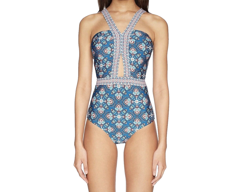 Laundry by Shelli Segal One Piece Swimsuit Medium Blue Floral Cutout Halter Open